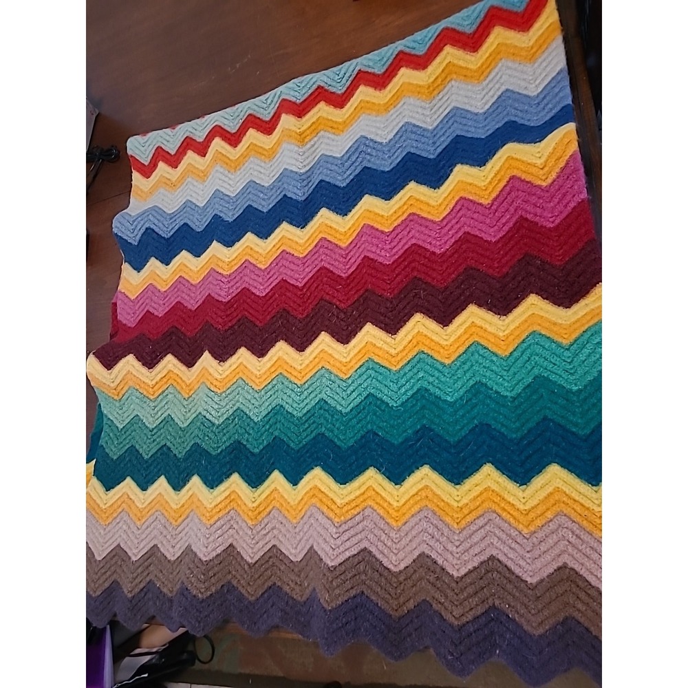 Vintage Wool Throw Blanket‎ Rainbow Crochet 64" By 29.5"